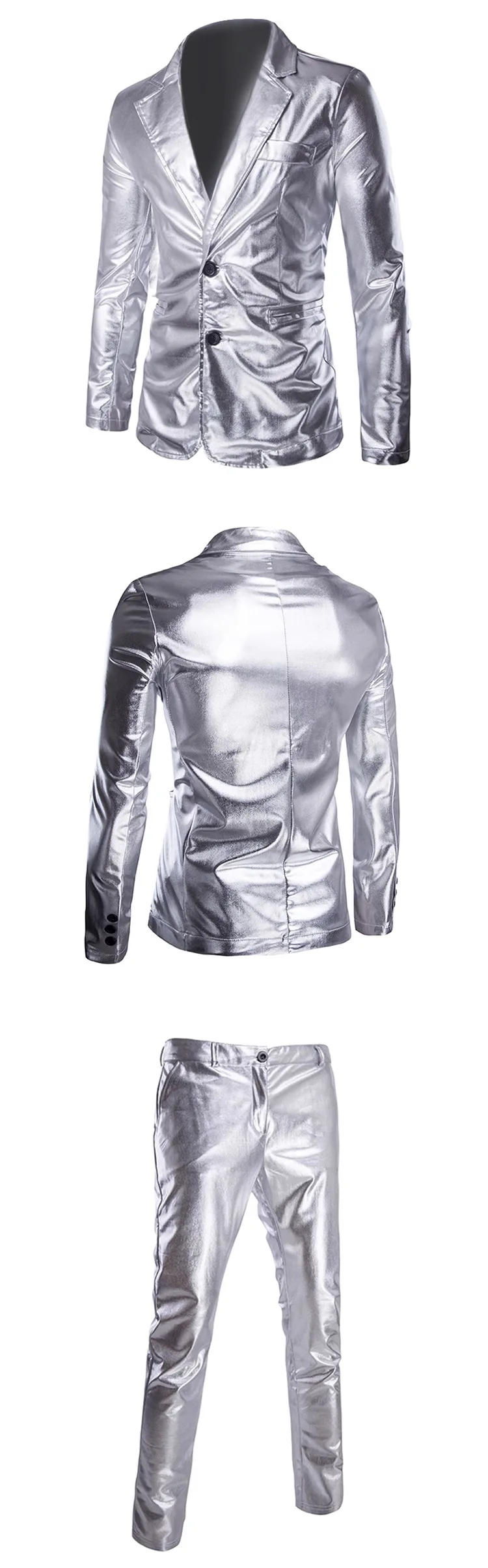 Description Picture 4 of itemHot Stamping Glossy Casual Suit for Men Slim Fit 2 Piece Solid Shiny Party Gold Silver Black Suit for Men Blazer Jacket & Pants