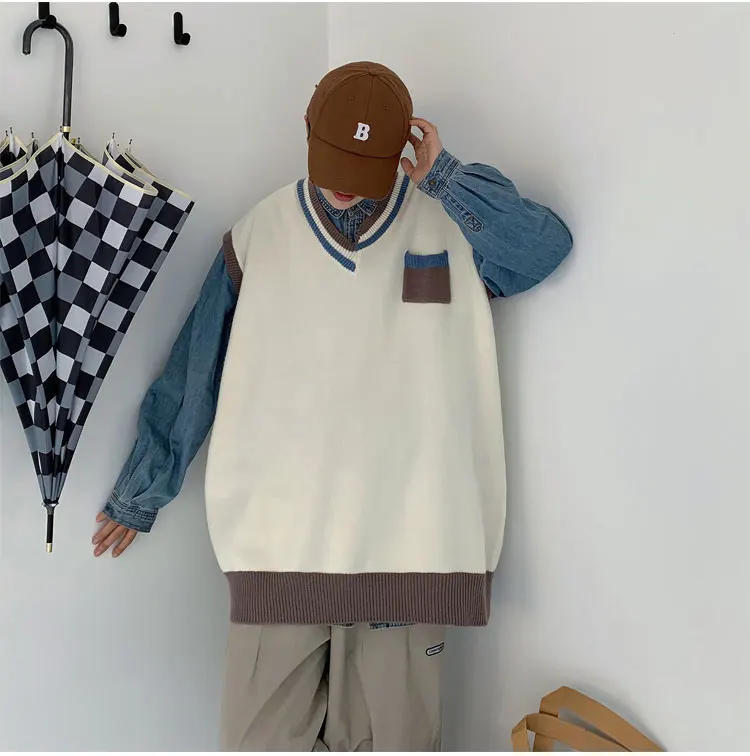 Description Picture 5 of itemSweater Vest Men Spring V-neck Japanese Vintage Contrast College Knitted Fashion Loose All-match Sleeveless Clothing V42