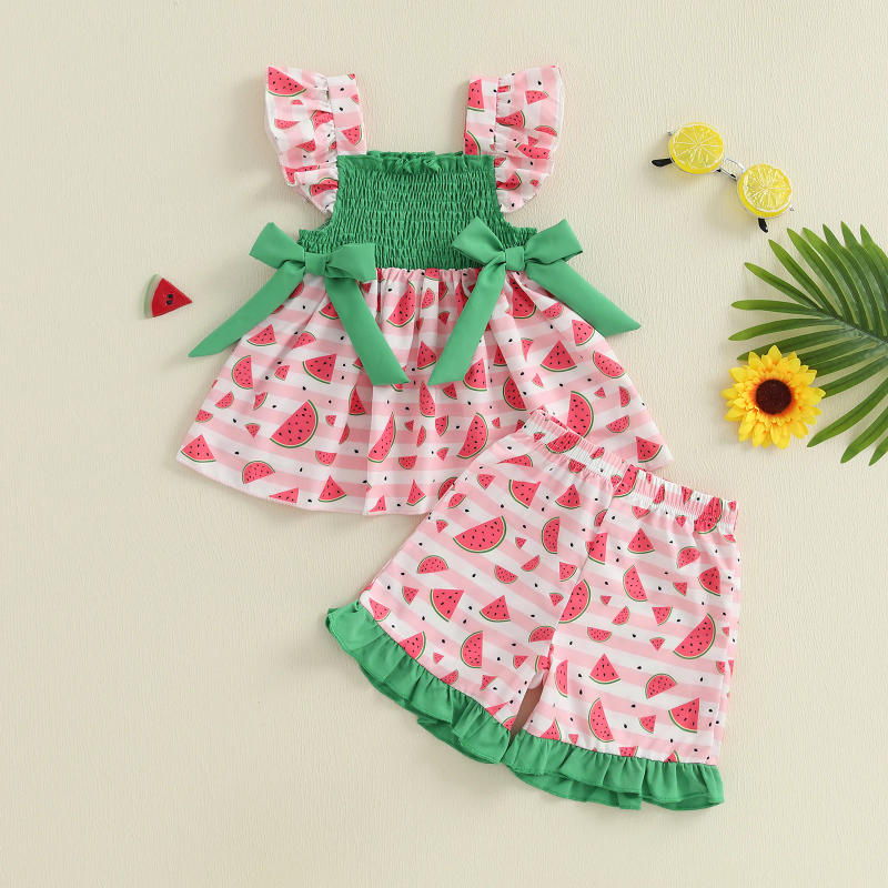 Description Picture 6 of itemBaby Girls Summer Outfits Watermelon Cherry Print Fly Sleeve Tops and Elastic Shorts Set Fashion Cute Clothes