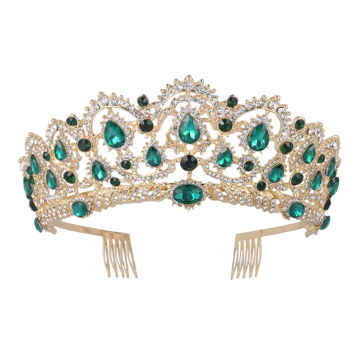 1Pcs Baroque Crown Vintage Rhinestone Crown Green Rhinestone Crown with Small Comb on Both Sides for and Wedding Birthday Party