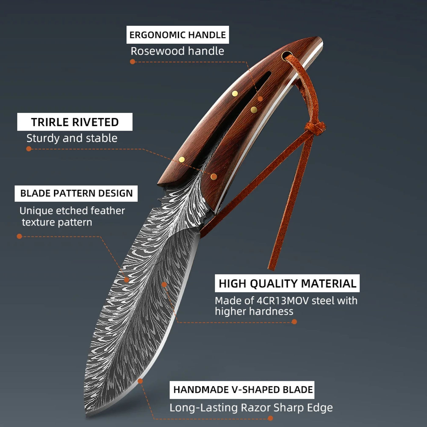 Description Picture 4 of itemNew Boning Knife Cutting Knife Sharp Chef's Knife Cutting Knife Feather Textured Home Kitchen Tools With Holster