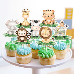 18pcs Wild Animal Cake Topper Carton Animal Paper Toppers for Kids Jungle Safari Happy Birthday Party Decoration DIY Cake Supply