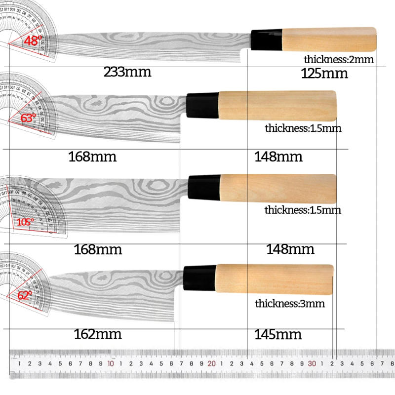 Description Picture 5 of itemRZD Stainless Steel Sushi Sashimi  Japanese Chef Knives Set Damascus Pattern Veins Cooking Cleaver Chopping Fillet Fishing Tools