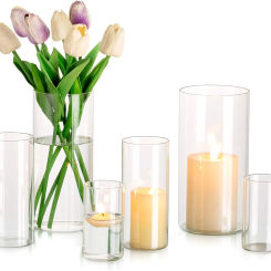 3/6/9 Glass Cylinder Vase Set of 6, Hurricane Vase for Flowers, Glass Cylinder Candle Holder for Pillar Candles, Floating Candle
