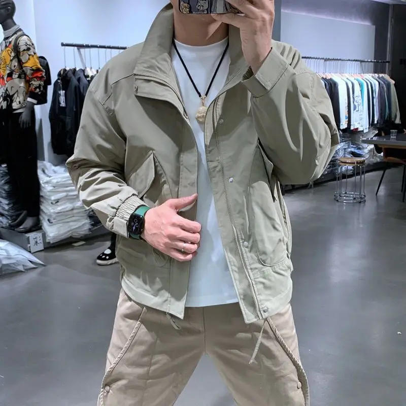 Description Picture 3 of item2024 Spring Autumn Workwear Jackets Men's Trendy Thin Jackets Men's Korean Fashion Loose Solid Color Stand Collar Clothes Chic