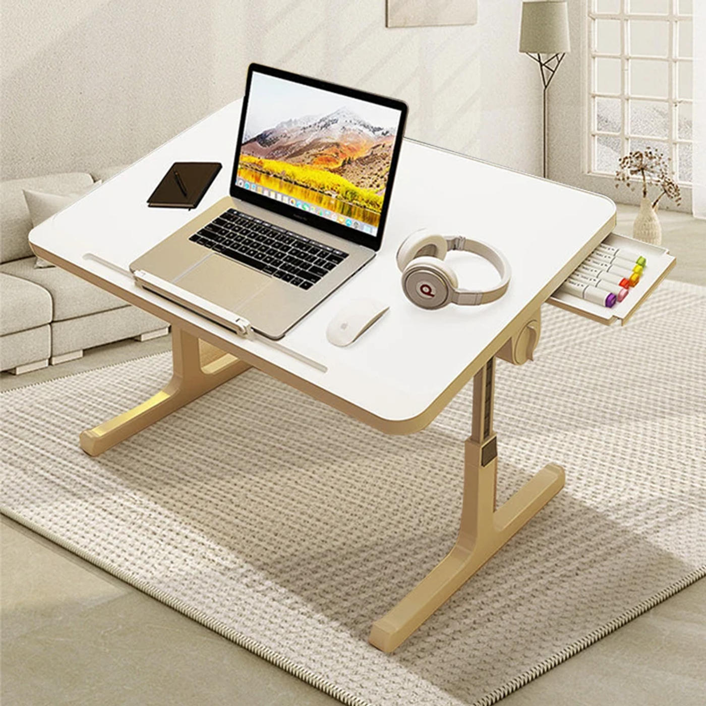 Description Picture 2 of item60X40CM Foldable Lifting Computer Desk Laptop Tablet Desk with Drawers Multifunctional Bedroom Tilting Folding Office Read Desk