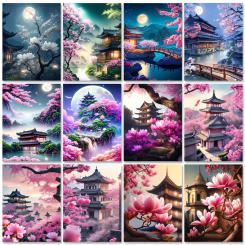 GATYZTORY Frame Painting By Numbers Kits Sakura Pagoda Landscape Modern Drawing Coloring By Numbers Acrylic Paint For Home Decor