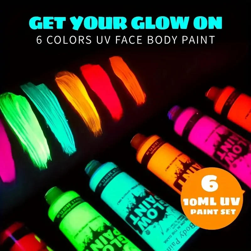 Description Picture 3 of item6Color UV Face Body Paint Set Washable Neon Fluorescent Body Paint Cosmetics, Glow in the Dark, Black Light Party Costume Makeup