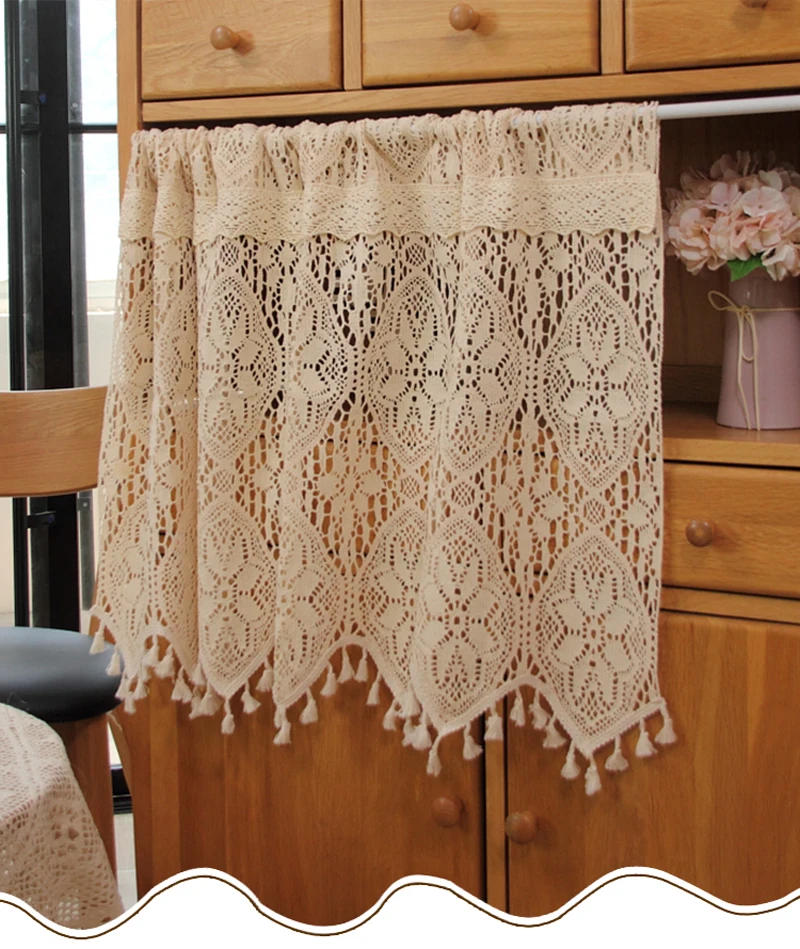 Description Picture 2 of itemRetro Crochet Curtains Valance Kitchen Window Curtain Tiers Rod Pocket Farmhouse Short Curtains for Room Divider Doorway Curtain