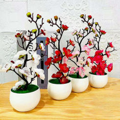 Artificial Pot Plant Bonsai Simulation Silk Plum Flowers Silk Fake Plum Cherry Blossoms Home Wedding Party Decoration