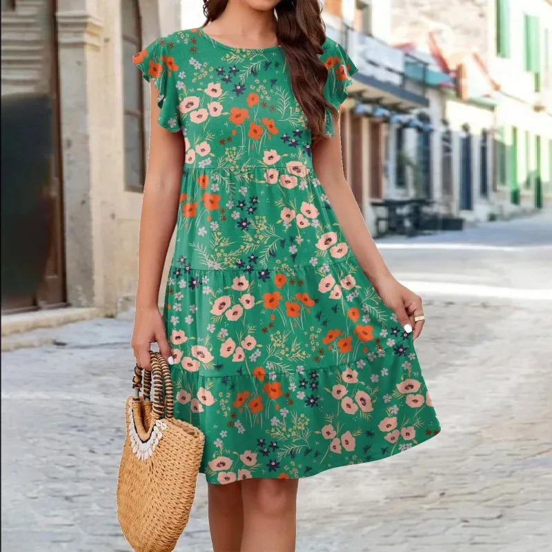 Description Picture 6 of itemNew Women's Knee Length Dress Knitting Printing Dresses 2024 Summer Round Neck Flower Grace Artistic Sense Versatile Midi Skirt