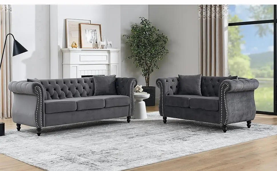 Description Picture 2 of item2 Piece Chesterfield Velvet Combination Sofa for Living Room,3-Seater and Loveseat Sofa Set Tufted Couch with 4 Pillows