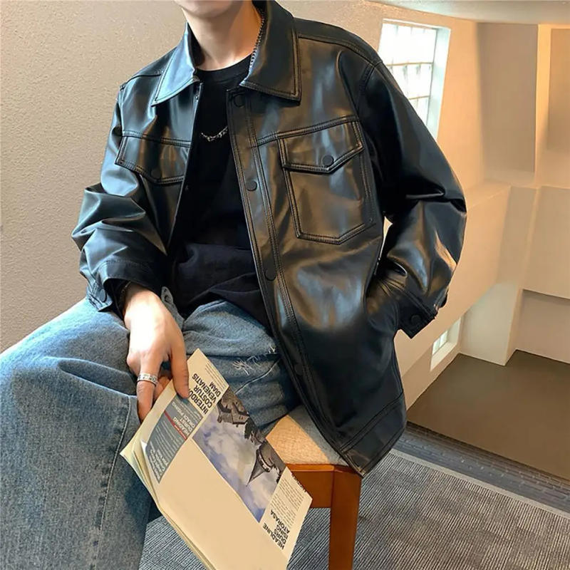 Description Picture 5 of itemMen Faux Leather Jacket Spring Fall Turn-down Collar Men Jacket Button Closure Long Sleeves Black Male Casual Coat