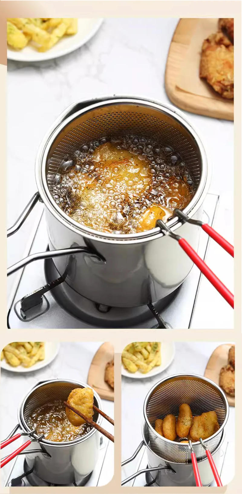 Description Picture 4 of itemKitchen Deep Frying Pot 304 Stainless Steel Kitchen Fryer With Strainer Tempura Fryer Pan Chicken Fried Chicken Cooking Tools