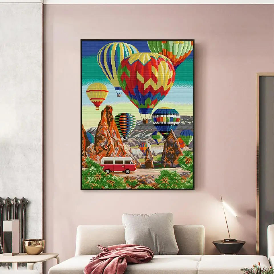 Description Picture 5 of itemColorful Hot Air Balloon Pattern DIY Hand Cross Stitch Kits 14CT 11CT Count Printing Fabric Needle Thread Sewing Set Home Decor