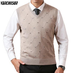 Men 14% Wool Knit Tank Sleeveless Sweater Jumpers Vest Basic for Autumn Winter V Neck Print Casual 00317