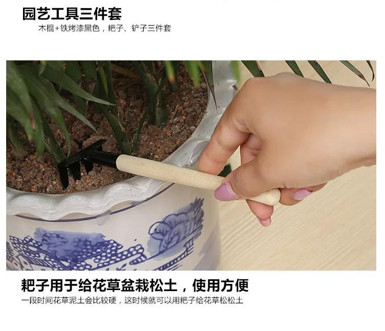 Description Picture 4 of item3pcs Mini Garden Shovel Rake Spade Bonsai Tools Set Wooden Handle for Flowers Potted Plant Garden Tools Weeding Tools