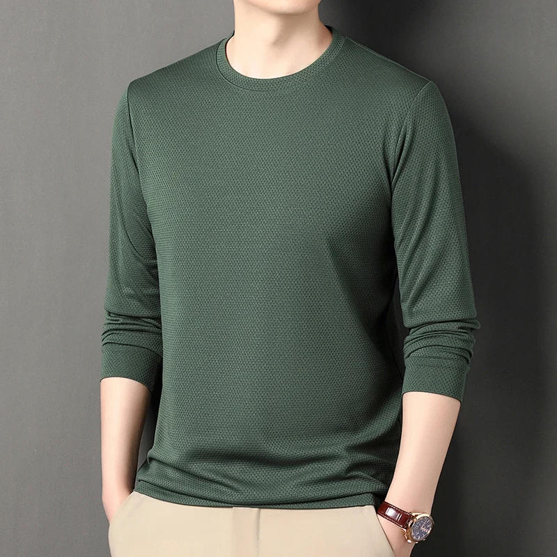 Description Picture 3 of itemNew Spring Leisure Breathable Solid Color Lapel Honeycomb Fabric Men's Long Sleeved Shirt