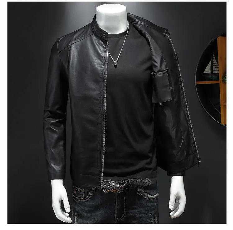 Description Picture 6 of item2024 Autumn Leather Jacket Men Stand Collar Slim Pu Leather Jacket Fashion Motorcycle Causal Coat Mens Moto Biker Leather Coat