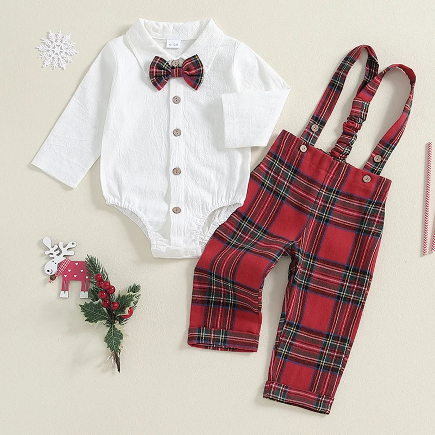 Description Picture 3 of itemBaby Boy Gentleman Outfits Long Sleeve Lapel Romper + Plaid Suspender Pants + Bow Tie 3Pcs Sets Newborn Toddler Christmas Formal