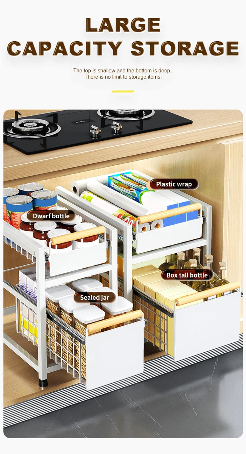 Description Picture 4 of item1/2tier,Kitchen cabinet pull-out storage rack,Slide-out storage basket under the sink,spice rack,Household items storage box