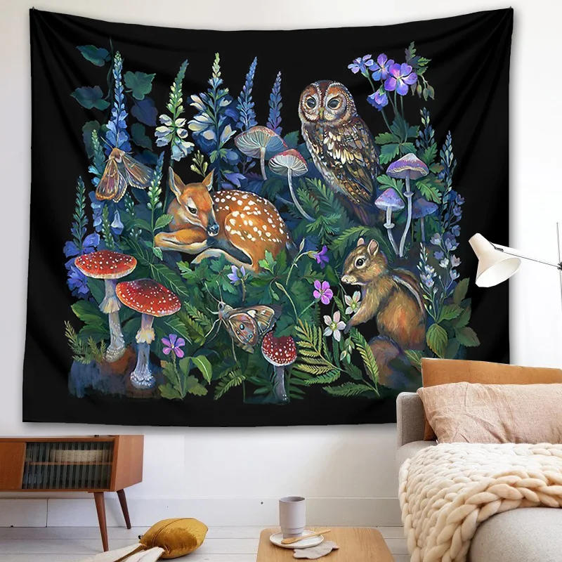 Description Picture 6 of itemEnchanted Forest Tapestry Wall Hanging Botanical Celestial Mushroom Wild Flower Magic Wall Carpets Dorm Decor Starry Sky Carpet