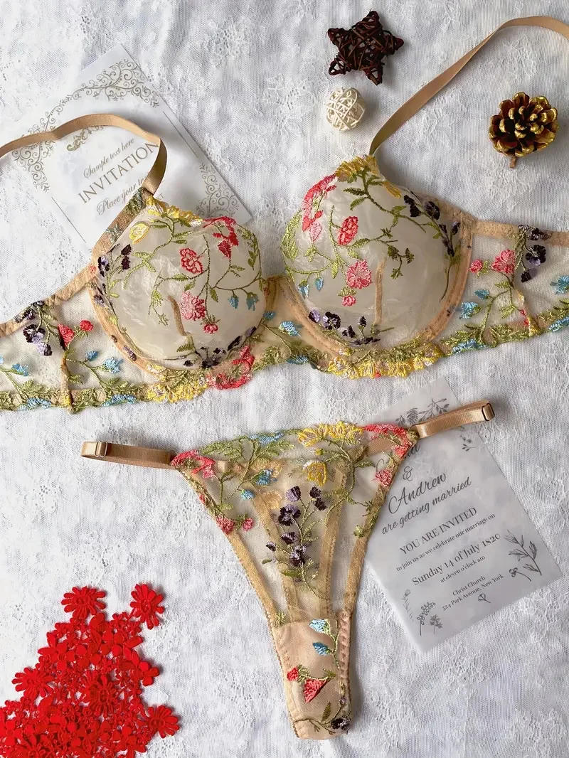 Description Picture 4 of itemYimunancy Floral Embroidery Lingerie Set Women Sheer 2-Piece Boho Bra + Panty Underwear Set Intimates