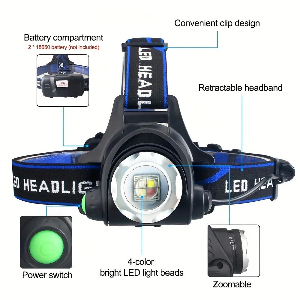 Description Picture 4 of itemPowerful 4 In 1 LED Headlamp Red/Green/White/Blue Light Rechargeable Zoomable Headlight Head Flashlight with Adjustable Beam