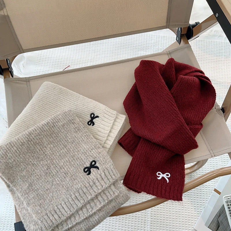 Description Picture 4 of itemWinter Wool Scarf for Kids Thicken Warm Knitted Scarves Solid Color Bow Embroidered Children Boy Girl Neckerchief