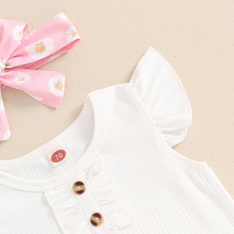 Description Picture 6 of itemBaby Girls Shorts Set Fly Sleeve Romper with Flower Print Shorts and Hairband Summer Outfit