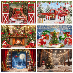 Winter Christmas Backdrop Xmas Tree Window Fireplace Santa Claus Gift Family Portrait Photography Background Decor Photo Studio