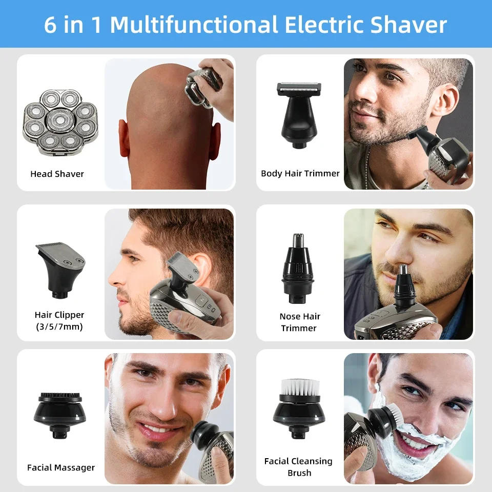 Description Picture 4 of itemMen's Bald Head Electric Shaver 9 Blades Floating 6In1 Heads Beard Nose Ear Hair Trimmer Clipper Facial Brush Rechargeable Razor