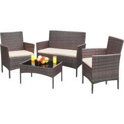 4 Pieces Conversation Sets Outdoor Wicker Rattan Chairs Garden Backyard Balcony Porch Poolside loveseat, Brown and Beige