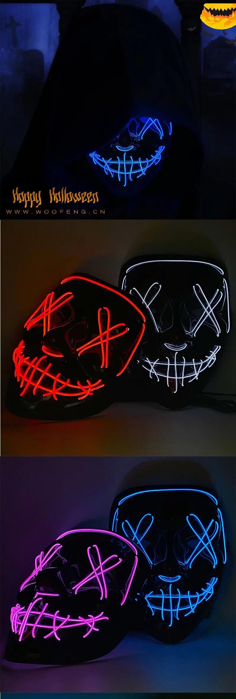 Description Picture 4 of itemHot Sale Halloween Glowing Scary Face Mask Luminous LED Purge Mask Neon Light Up Horror Party Mask Cosplay Costume Supplies