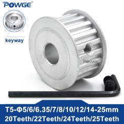 POWGE Trapezoidal 20 22 24 25 eeth T5 Timing Pulley Bore 5/6/8/10/12/14/15/16/17/18/20/25 for Belt width 10/15mm 20T 22T 24T 25T