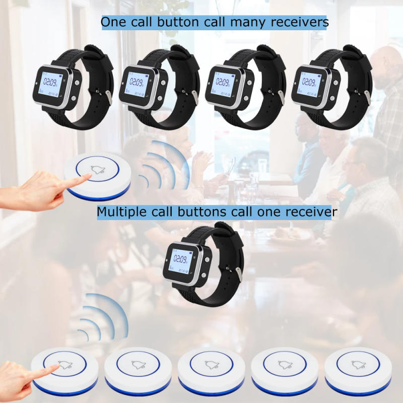 Description Picture 3 of itemCATEL Wireless Calling System 10 Table Call Button Transmitters 1 Watch Pager, Restaurant Waiter Service Bell Buzzer