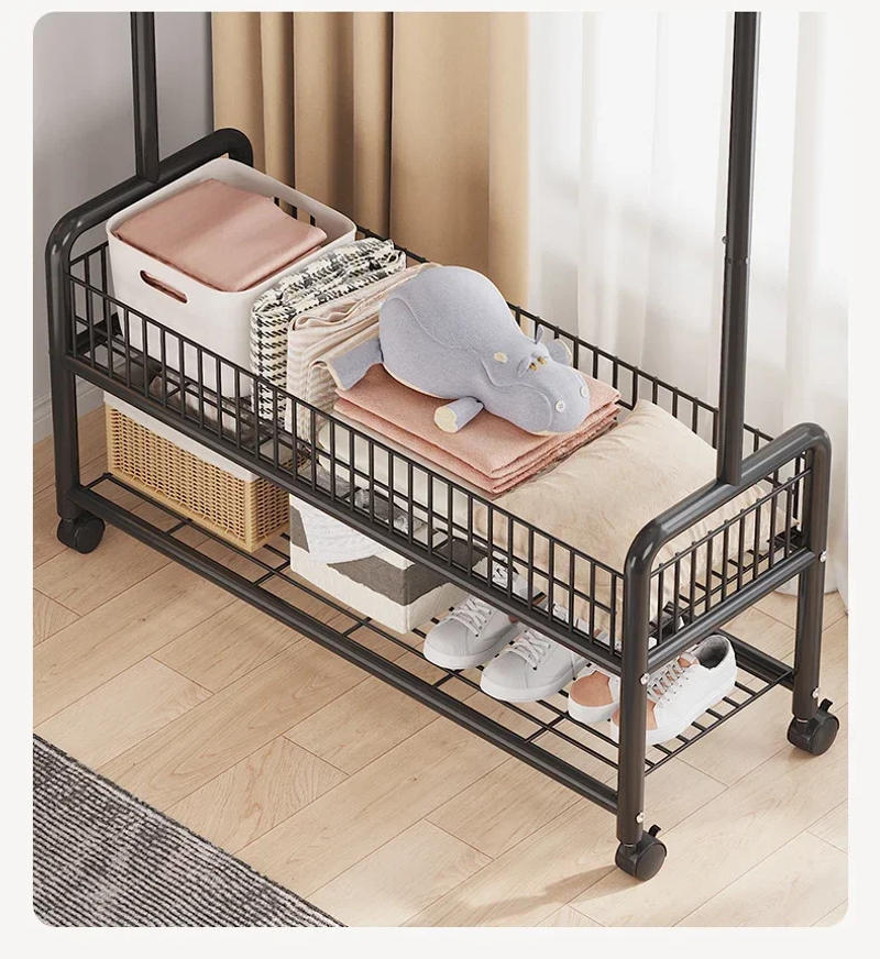 Description Picture 6 of itemMovable Clothes Rack Floor Hanger Stainless Living Room Bedroom Furniture Coat Hat Rack Hooks Stand Storage Wardrobe Storage Box