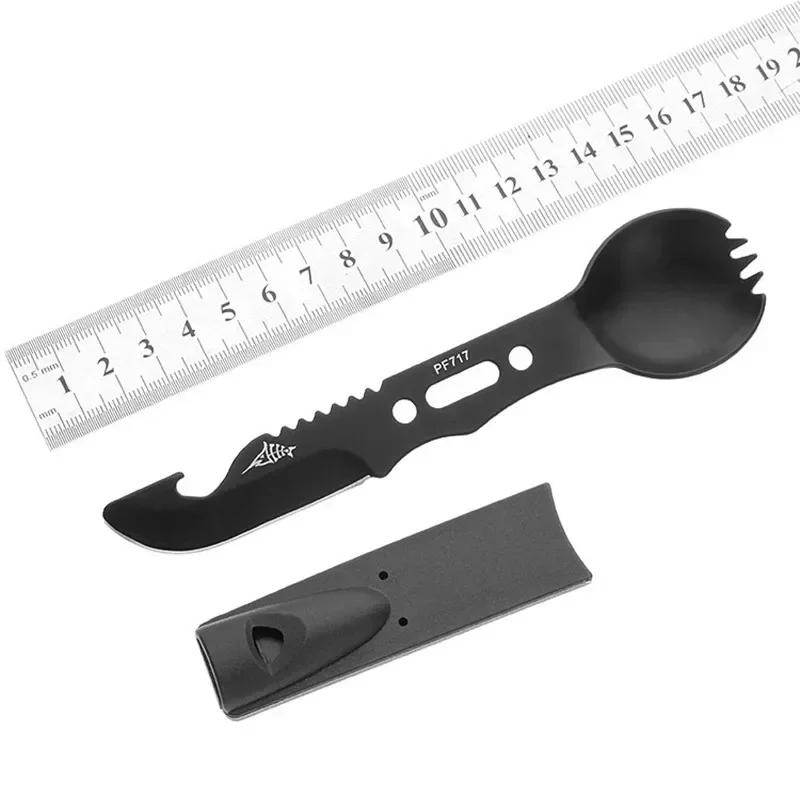 Description Picture 6 of itemMultifunctional Stainless Steel Camping Tableware Knife Fork and Spoon One Outdoor Tableware Bottle Opener Treble Whistle Tool