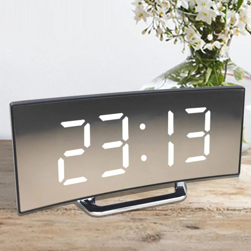 Description Picture 3 of itemLed Alarm Clock Digital Children Electronic Alarm Clocks Curved Screen Mirror Temperature Clock with Snooze Function Desk Clock