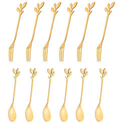 12Pcs Creative Stainless Steel Leaves Spoon Fruit Fork Coffee Spoon Dessert Ice Cream Scoop Kitchen Accessories Cutlery Set