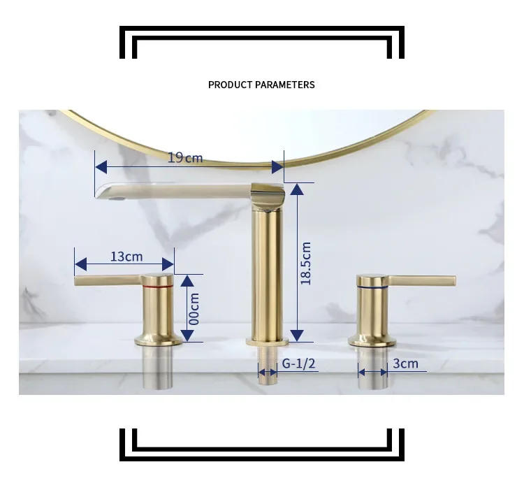 Description Picture 5 of itemBrushed Gold Bathroom Widespread Basin Faucets Soild Brass Sink Mixer Hot & Cold Lavatory Crane Vessel 2 Handle 3 Hole Black