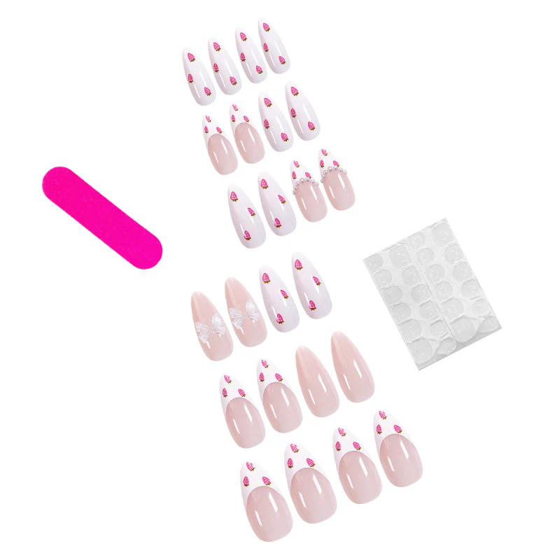 Description Picture 4 of item24Pcs Almond False Nails Cute Strawberries with French Design Simple White Wearable Fake Nails Decoration Press on Nail Tips Art
