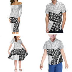 Family Matching Clothes 4pcs Polynesian Pattern Dress Summer Girl Dress Kids Shirts Men Shirts