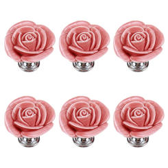 Ceramic Rose Cabinet Knobs 6 Pack Cupboard Door Knobs Drawer Dresser Pull Handles With Screws (Pink)