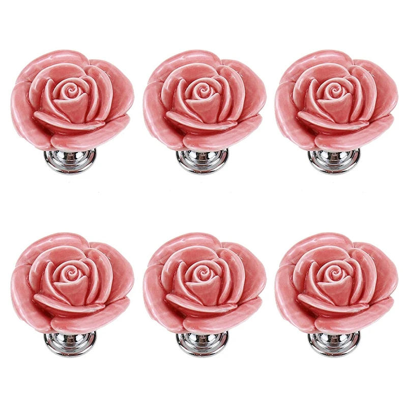 Description Picture 2 of itemCeramic Rose Cabinet Knobs 6 Pack Cupboard Door Knobs Drawer Dresser Pull Handles With Screws (Pink)