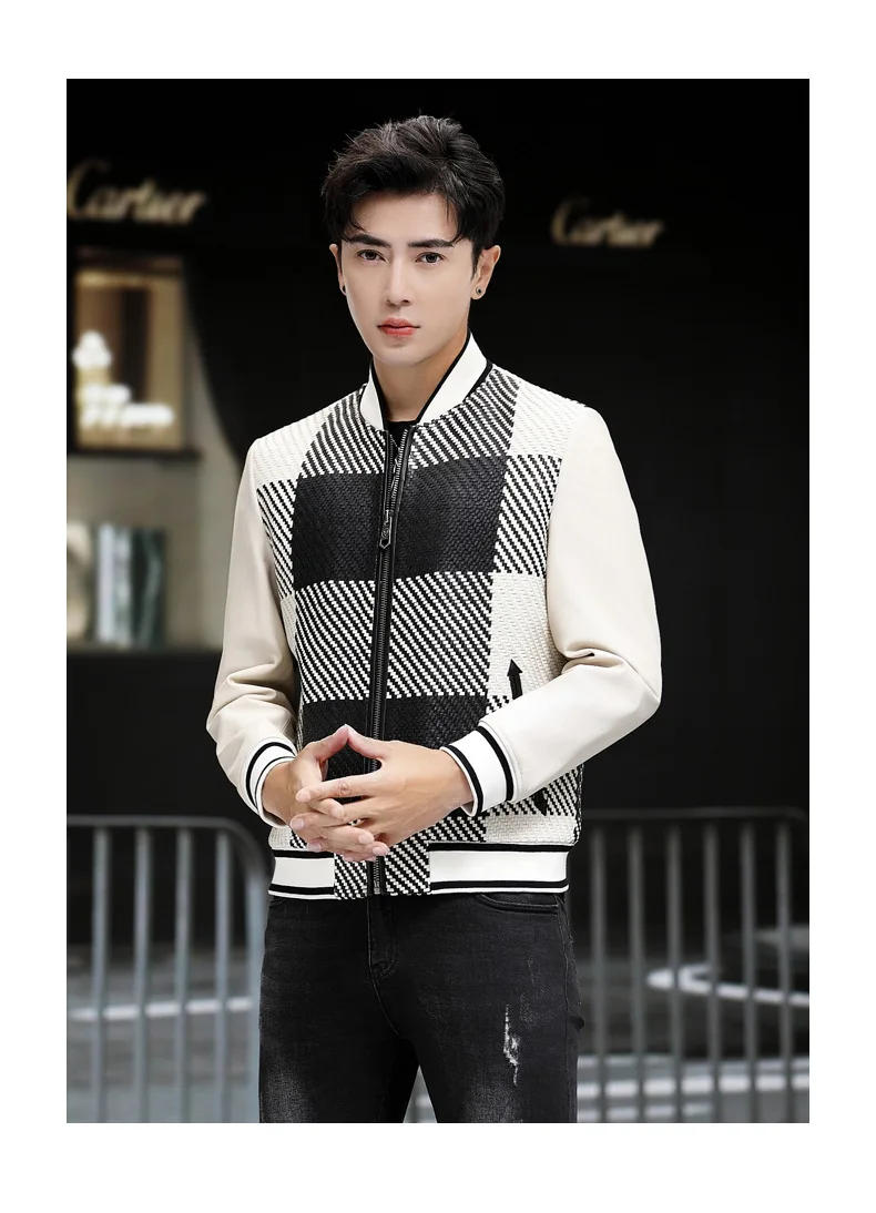 Description Picture 6 of itemHigh End Genuine Leather Jacket Men's Contrasting Woven Sheepskin Coat Winter New Fashion Trend Motorcycle Jackets for Men Fall