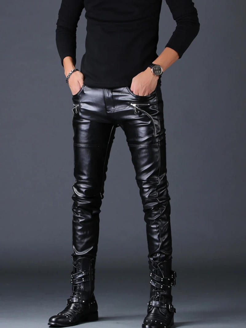 Description Picture 6 of itemMen's Winter Fleece Lined Leather Pants Fashion Punk Style PU Trousers Skinny Bottoms With Zipper Decoration
