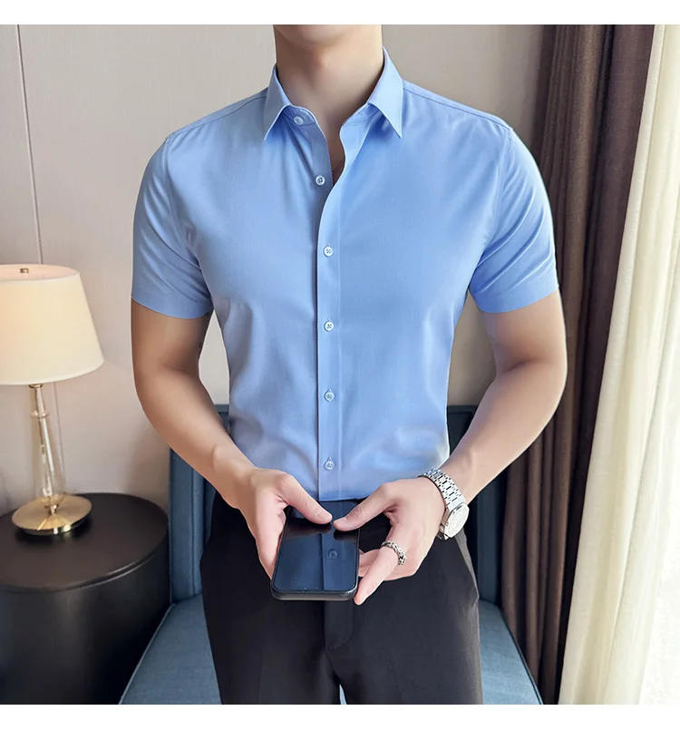 Description Picture 6 of itemPlus Size 4XL-M High Quality Modal Fabric Seamless Shirt Men 2024 Summer Solid Business Elasticity Slim Fit Casual Tuxedo Shirts