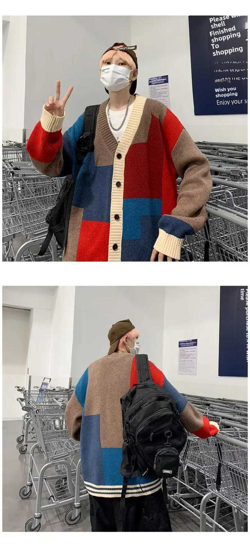 Description Picture 6 of itemAutumn/winter V-neck Color Blocking Cardigan Sweater Men's Loose Fit Trendy Knitted Top Couple Idle Style Jacket