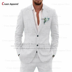 Linen Men Suit Set Wedding Party Groomsman Formal Blazer Pants Holiday Tailor-made Beach Casual Outfits Banquet Fashion Clothes